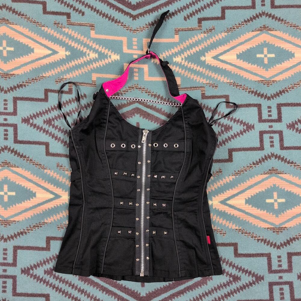 Tripp NYC Studded Black Halter Corset Top Womens S/M Vintage Y2K Skulls Zip-Up